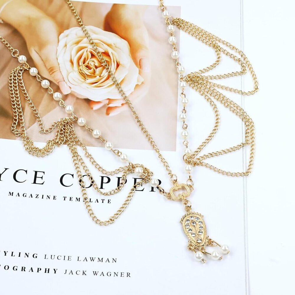 8PCS Gold Head Chains with Rhinestones Pearls Coins Prom Wedding Jewelry - Picture 8 of 8
